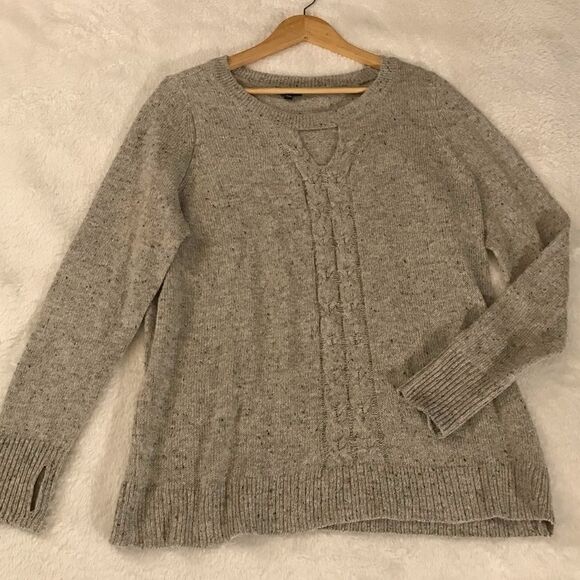 : : TORRID taupe marled keyhole cable knit sweater with thumb holes : : - Picture 5 of 11